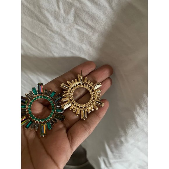 Large green earring stud Sunburst Rhinestone Round ab iridescent Vitrail big - Picture 4 of 7